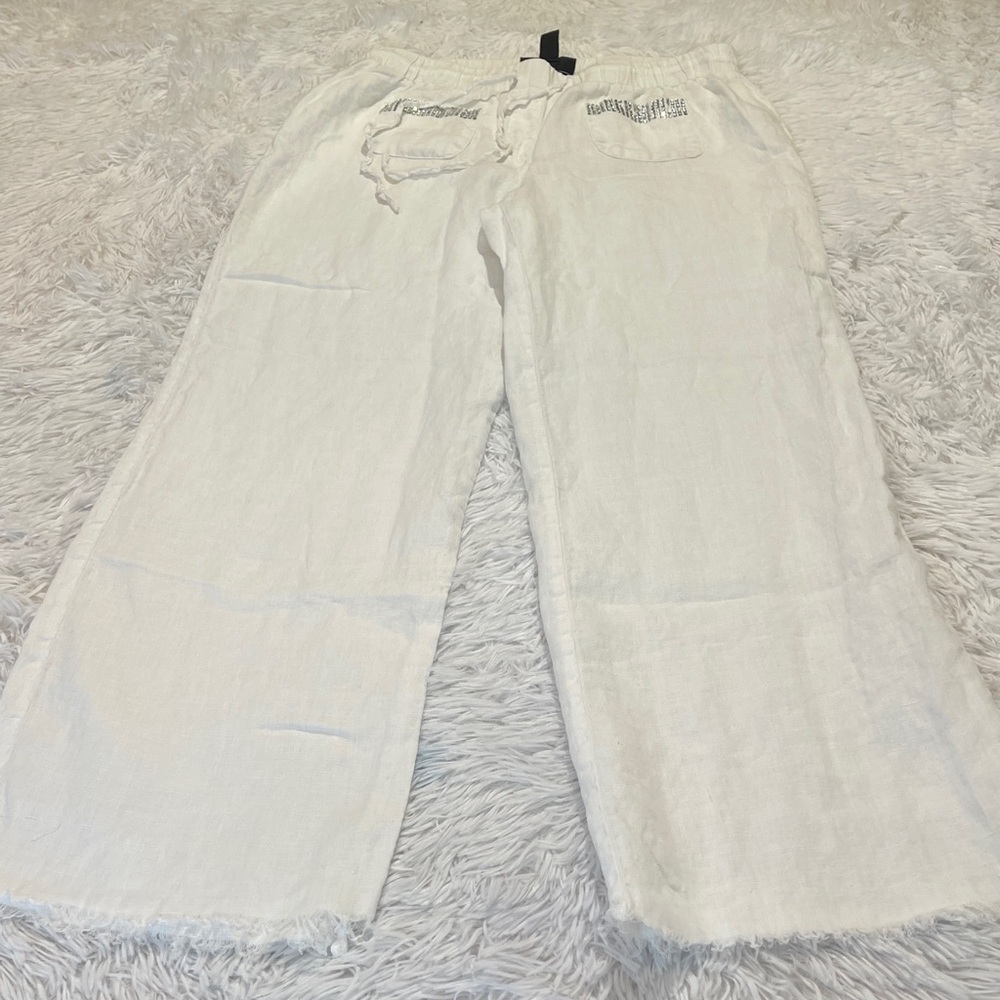 STYLE & CO White LINEN Drawstring Pants with Rhinestone Pockets WOMENS SIZE 10